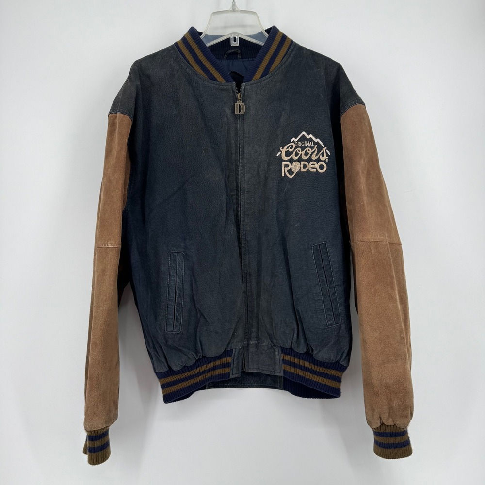VTG 80's Dunbrooke Coors Rodeo Leather Bomber Jacket Mens Large Blue Brown Suede